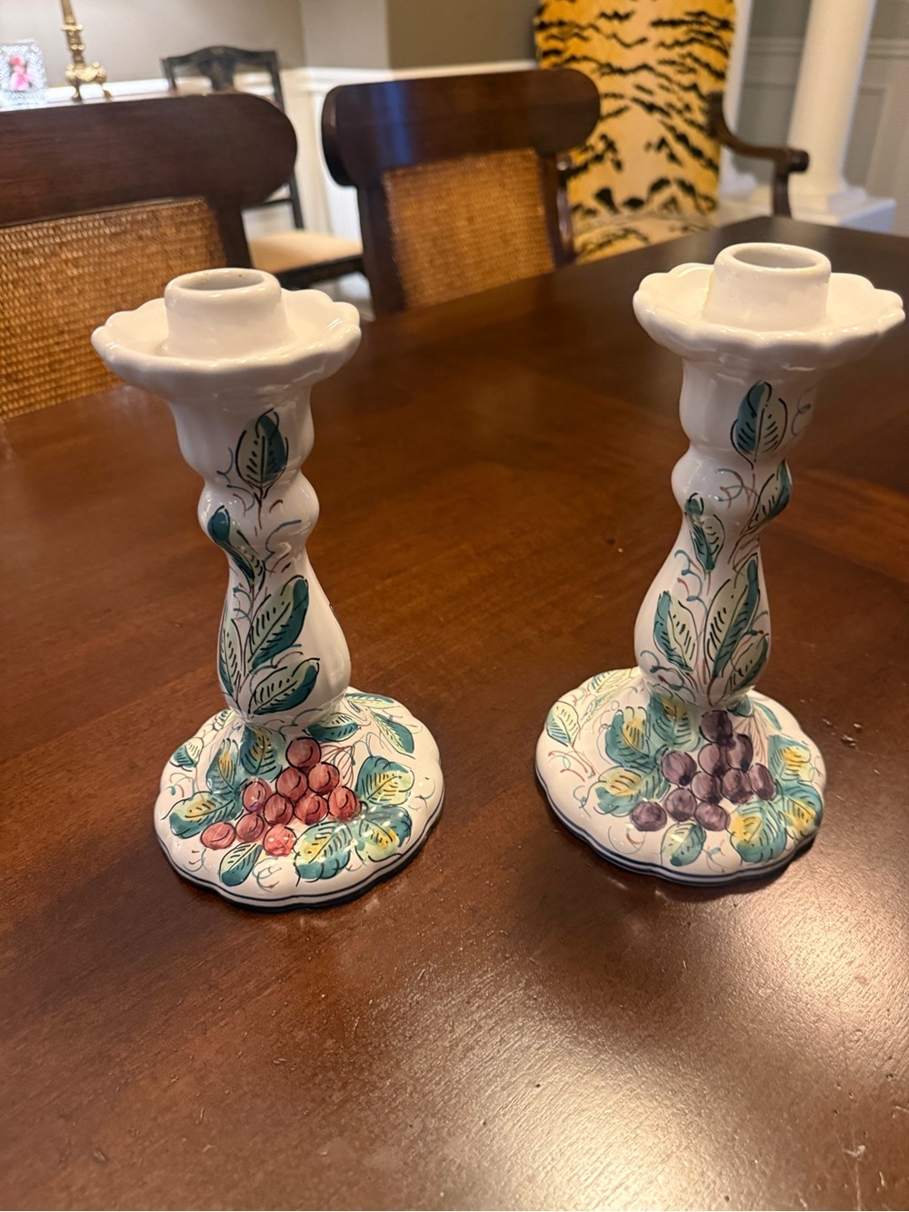 Set of two daruta 
Hand-Painted Ceramic White Candlestick Pair with Floral motif